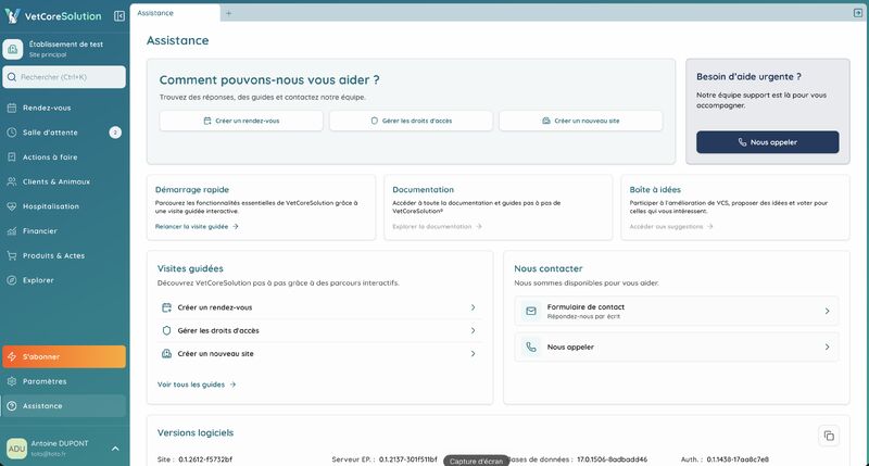 Écran Assistance de VetCoreSolution présentant les visites guidées disponibles