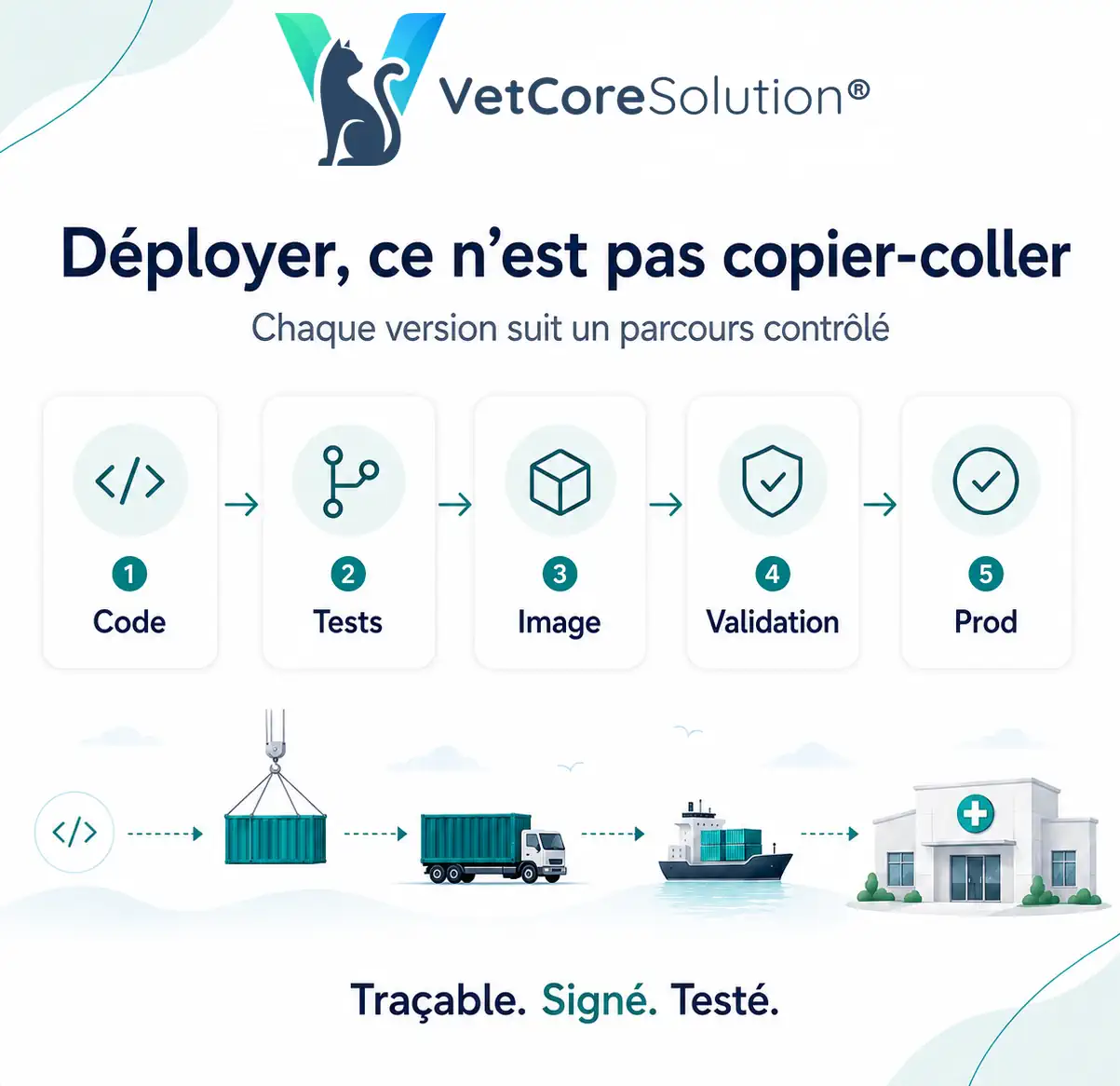Les cinq étapes de la chaîne de déploiement de VetCoreSolution, du code à la production